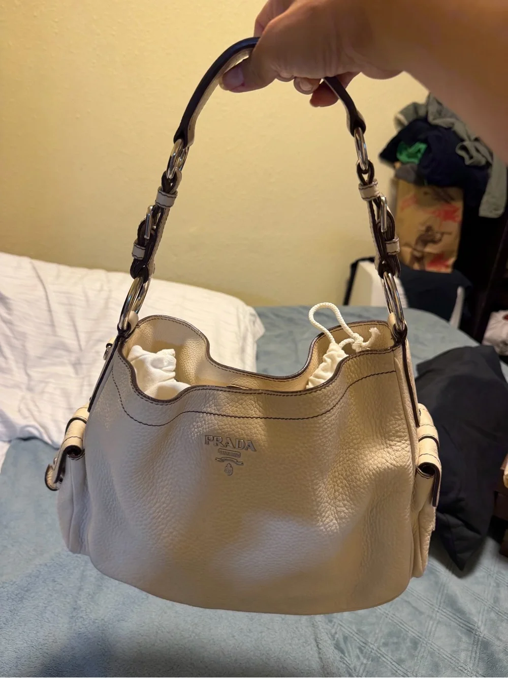 Prada Cream Pebbled Leather Shoulder Bag,Authentic